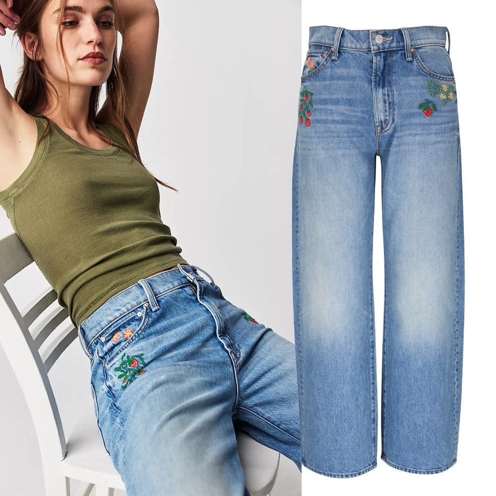 Mother Superior The Dodger Ankle Jeans 28 Romaine Calm Strawberry Embroidered